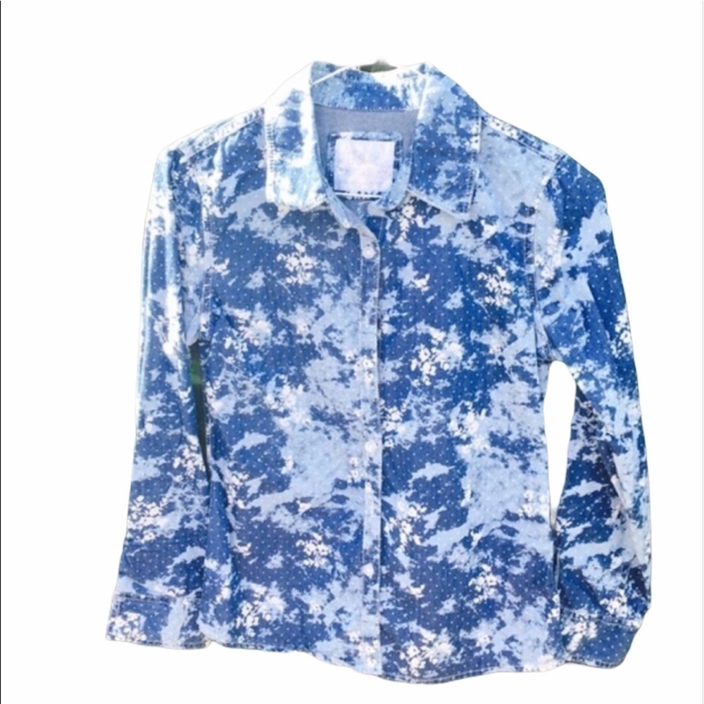 JUSTICE Denim Floral Print Button Down Top size 10